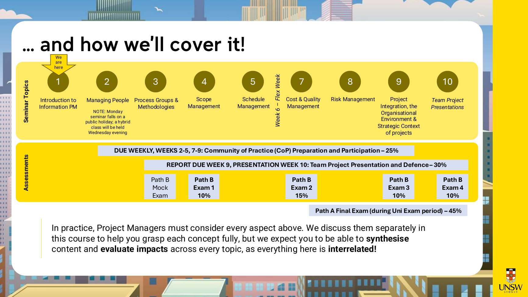The official course roadmap slide: weeks 1–10 topics with the assessment timeline underneath, including "Week 6 – Flex Week" and the Path B exam schedule.