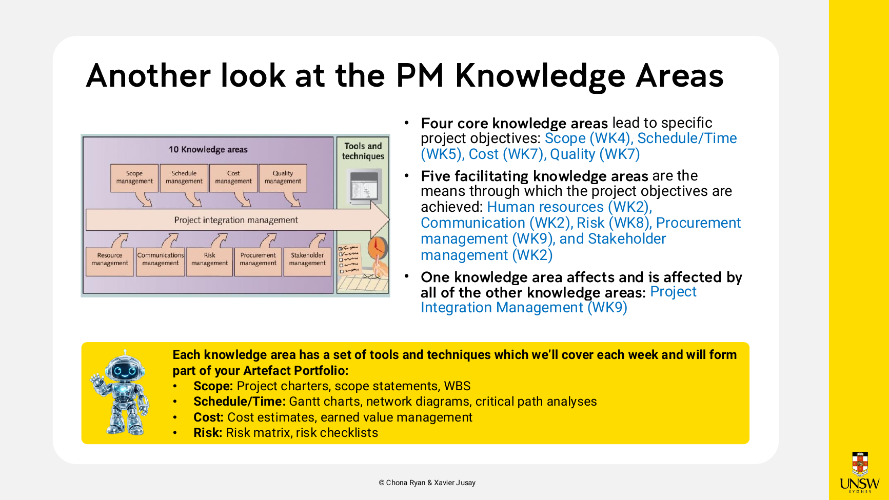 Knowledge areas slide mapping each of the 10 PMBOK areas to its course week with example tools.